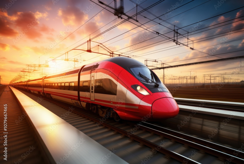 Fototapeta premium Red High-Speed Train Traveling on Tracks at Sunset
