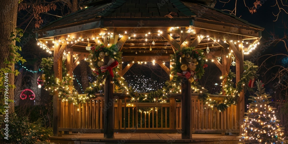 Obraz premium European Park Gazebo Decorated for Christmas with Wreaths and Lights