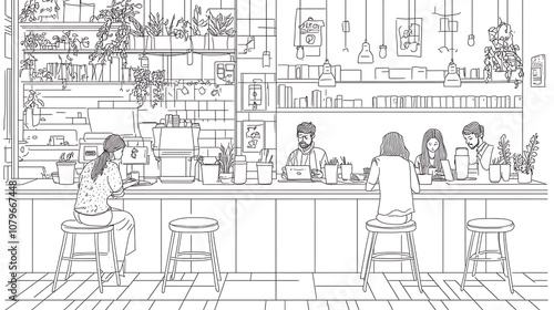 A crisp line art illustration of a café workspace, showing clean outlines of laptops, coffee mugs, and individuals working. Intricate linework captures the ambiance of the café with hanging 