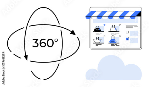 360-degree view icon and online store interface displaying handbags. Ideal for e-commerce, online shopping, retail business, digital marketing, product showcases, user experience, virtual tours. Line