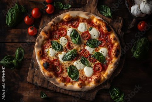 A gourmet pizza Margherita, golden crust, aromatic basil, melted mozzarella, vine-ripened tomatoes, olive oil drizzle, warm ambient lighting, in a rustic Italian pizzeria