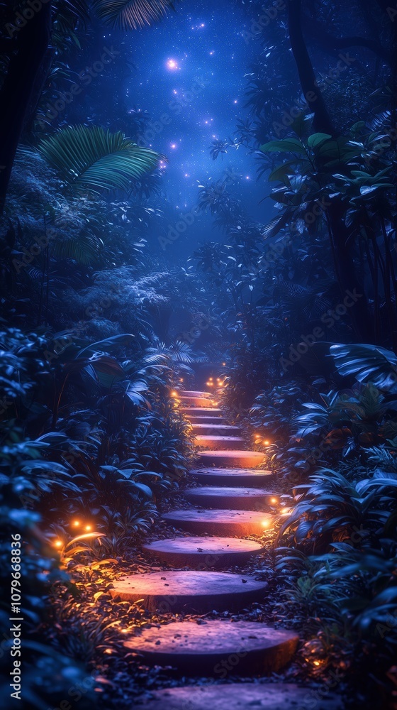 lush green garden at midnight illuminated by glowing path, glowing plants, nebula in sky with moon lush green garden at midnight illuminated by glowing path, glowing plants, nebula in sky with moon