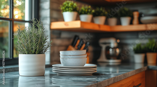 Modern Kitchen Countertop: A minimalist kitchen countertop with a sleek, contemporary aesthetic. The focus is on the stack of white bowls and plates, set against a backdrop of a rustic brick wall.