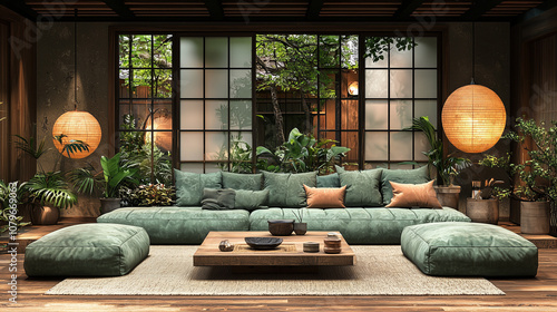 Zen Living Room: A serene and stylish living room with a minimalist aesthetic and natural elements like wood and plants, evoking a sense of tranquility and harmony.  