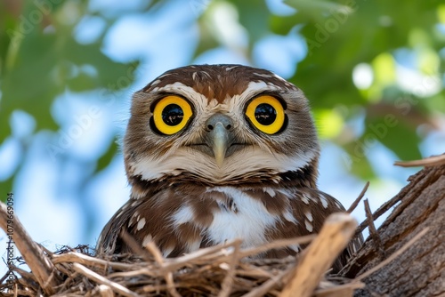 A burrowing owl standing near its nest, with alert eyes and a cautious posture photo