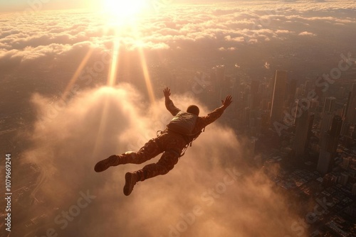 A skydiver falls towards a city with the sun shining in the distance. photo