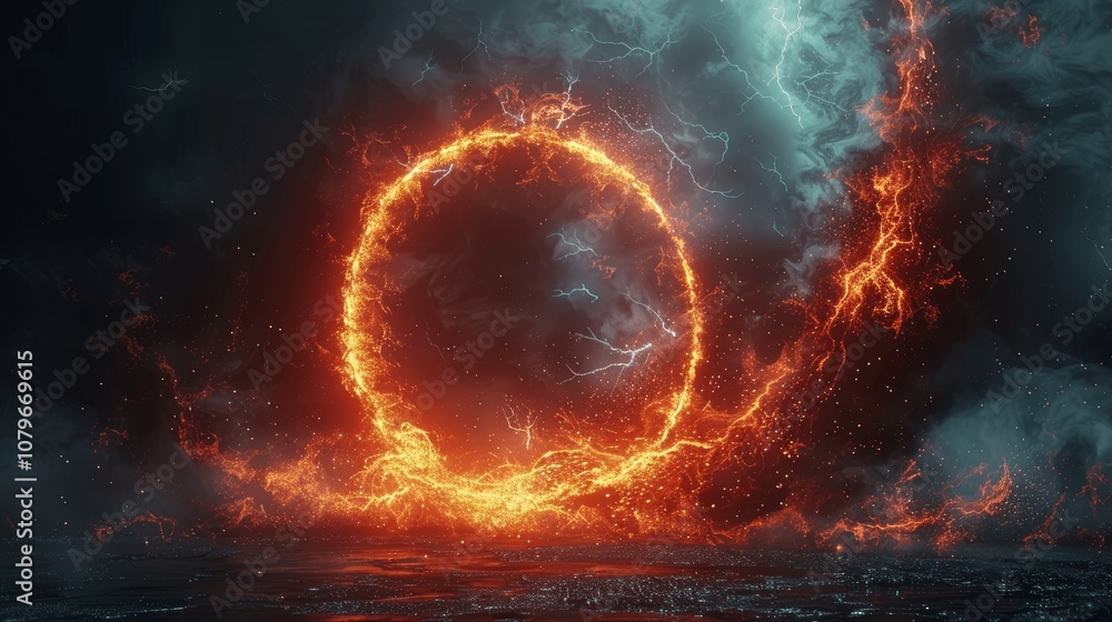 Fototapeta premium Abstract Red Lightning Ring Frame with Swirling Glow Particles on Dark Background