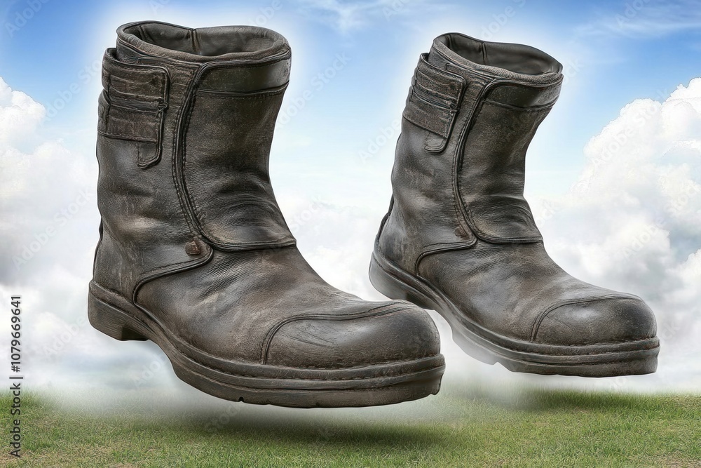 A pair of worn leather boots floating against a cloudy sky backdrop. A pair of worn leather boots floating against a cloudy sky backdrop.