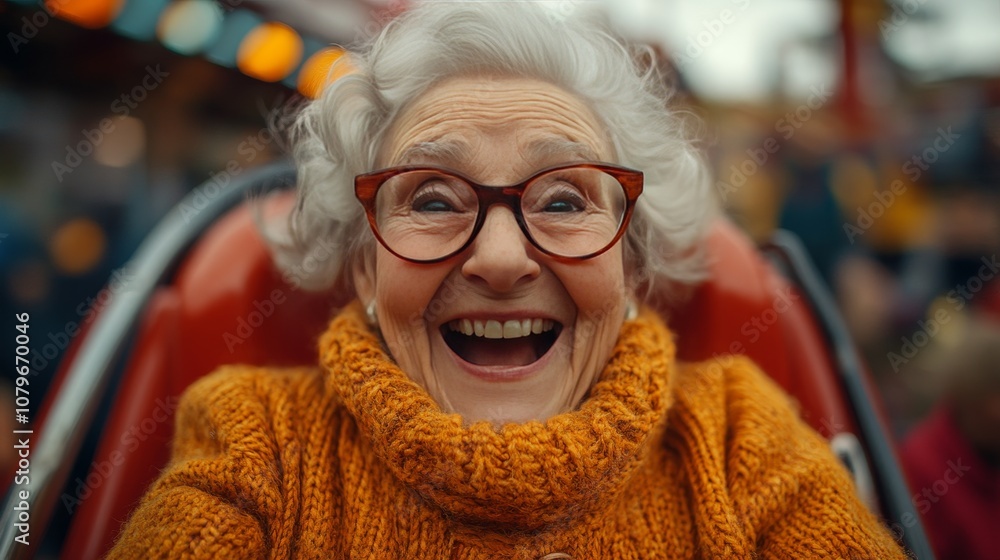 an elderly lady on a roller coaster, excited, making an excited face an elderly lady on a roller coaster, excited, making an excited face