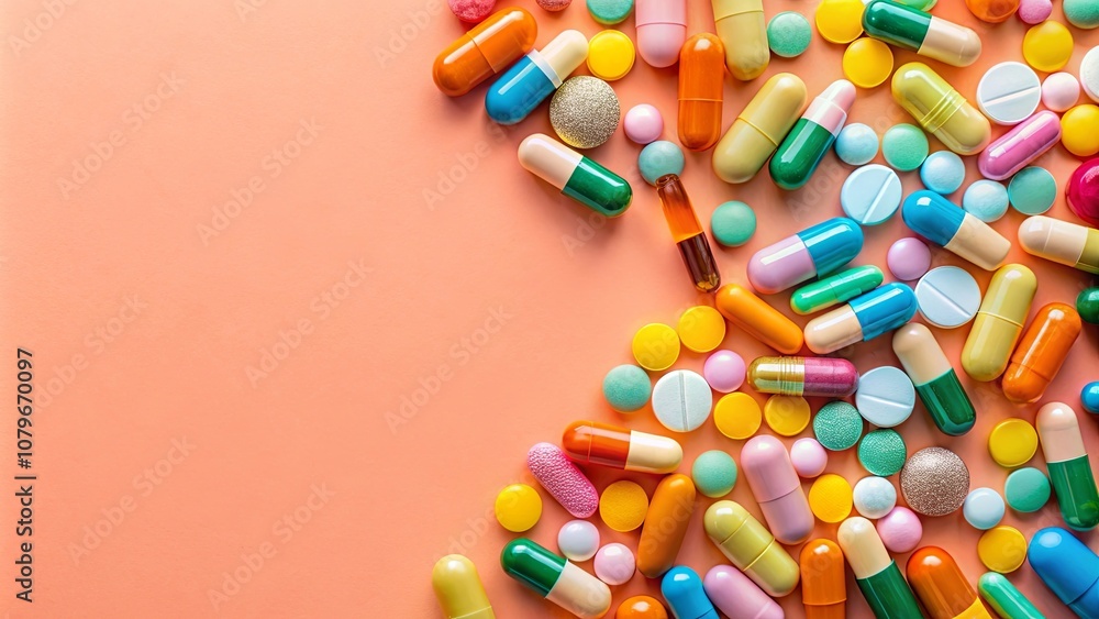 A Colorful Array of Pills and Capsules Scattered on a Peach Background, Representing Healthcare and Medication A Colorful Array of Pills and Capsules Scattered on a Peach Background, Representing Healthcare and Medication