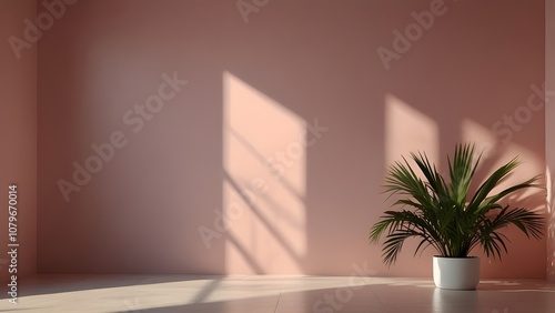 Blurred shadow from palm leaves on the light pink wall. Minimal abstract background for product presentation. Spring and summer. Generative AI