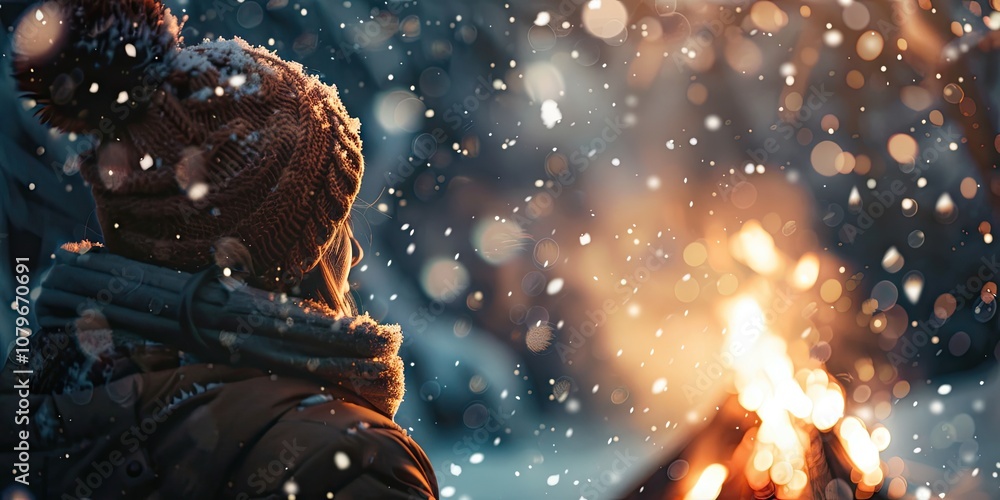 Person Looking Thoughtfully into a Bonfire with Snowflakes Falling