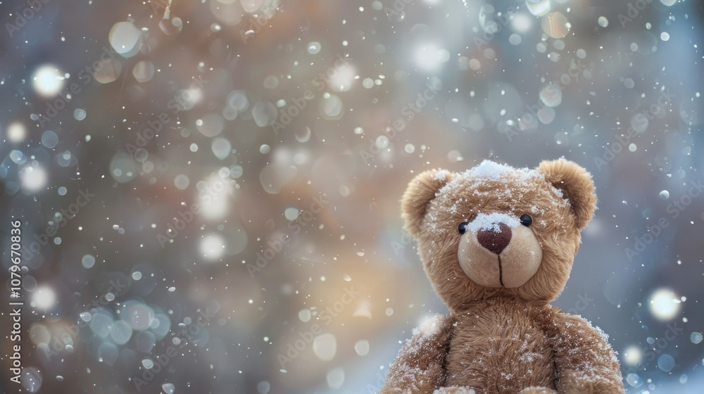 Teddy bear standing in a blurry snowfall, AI generated image Teddy bear standing in a blurry snowfall, AI generated image