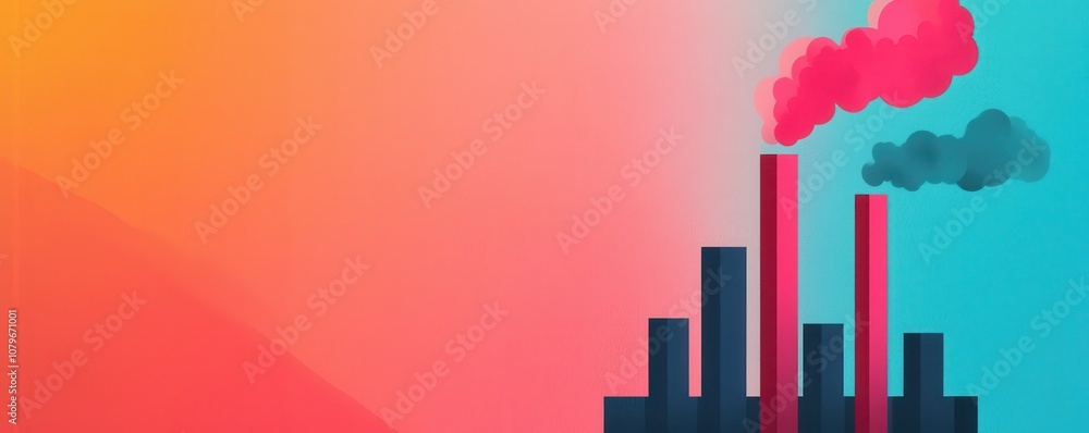 Fototapeta premium Economic Growth and Climate Change concept. A colorful graphic depicting industrial smokestacks emitting pollution against a vibrant background, highlighting environmental issues.