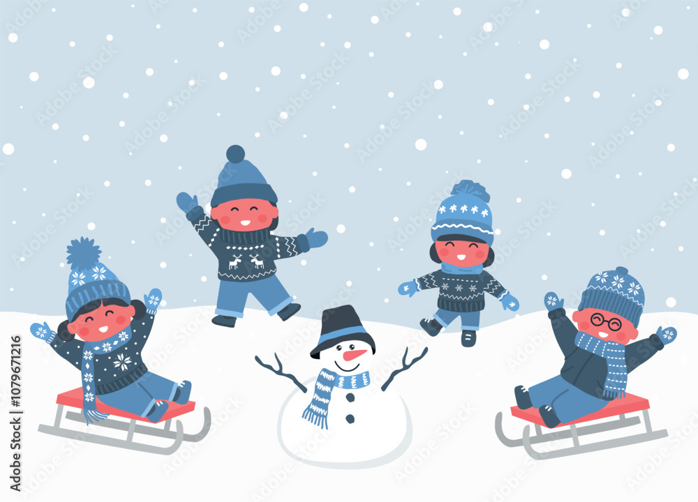 Obraz premium Happy Children Rejoice in Coming of Winter. Children in Winter Clothes Dancing, Sledding. Kids Have Fun Outside. Happy Baby Girls, Baby Boys. Greeting Card Template. Vector Illustration in Blue, White