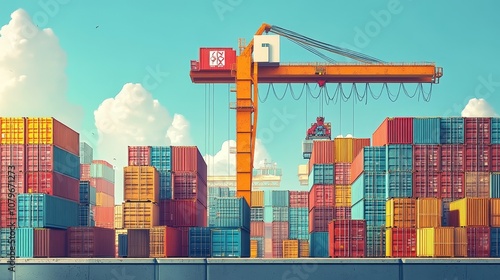 Illustration in surrealist vector art style, showcasing metal imported containers lifted by cranes at busy port terminals, highlighting details, industrial machinery, and maritime logistics operations photo