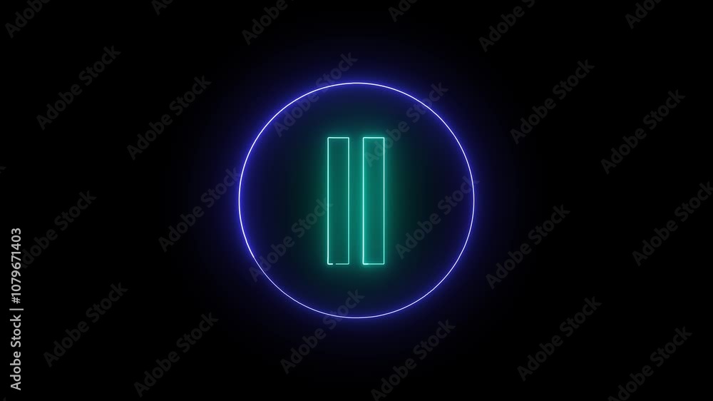 Neon glowing pause cyan color video icon, video play button icon animation on a black background. Neon glowing pause cyan color video icon, video play button icon animation on a black background.