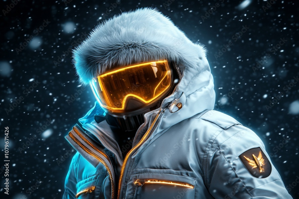 A futuristic winter coat with holographic accents, set against a sleek, snowy, sci-fi background A futuristic winter coat with holographic accents, set against a sleek, snowy, sci-fi background