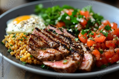 Grilled Steak, Fried Egg, Tomato Salad, and Couscous