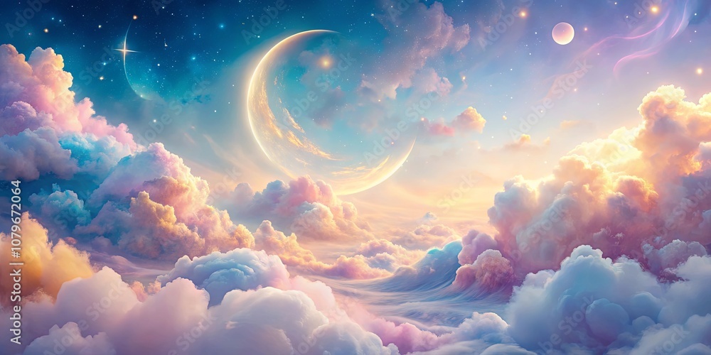 A celestial landscape with a crescent moon, stars, and pastel-colored clouds, creating a dreamy atmosphere. A celestial landscape with a crescent moon, stars, and pastel-colored clouds, creating a dreamy atmosphere.