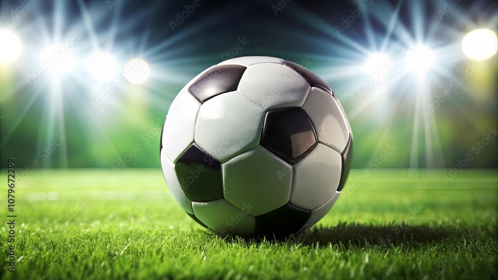 Fototapeta premium A solitary soccer ball rests on the green turf of a stadium, bathed in the radiant glow of stadium lights.