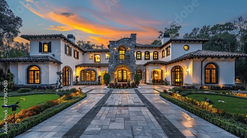 twilight view of luxury Spanish colonial home with white stucco and stone accents, arched windows, large front yard, winding driveway, garden lights