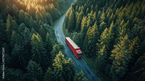 Aerial view of red truck on highway in green forest, nature landscape with trees and pines, sustainable transport, drone view, natural light, professional color grading photo