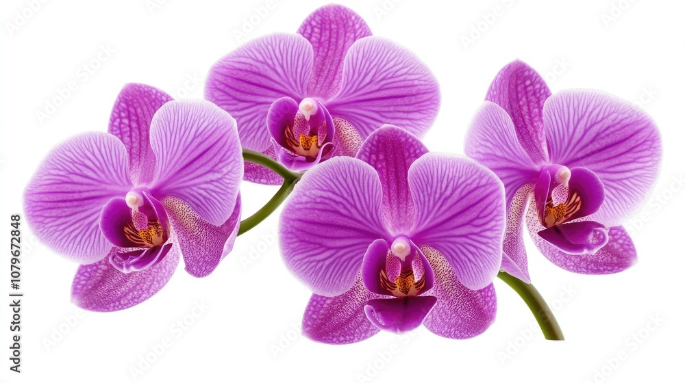 Vibrant Purple Orchid Flowers Displaying Unique Petal Patterns and Lush Green Stems against a Clean White Background for Nature and Floral Enthusiasts Vibrant Purple Orchid Flowers Displaying Unique Petal Patterns and Lush Green Stems against a Clean White Background for Nature and Floral Enthusiasts