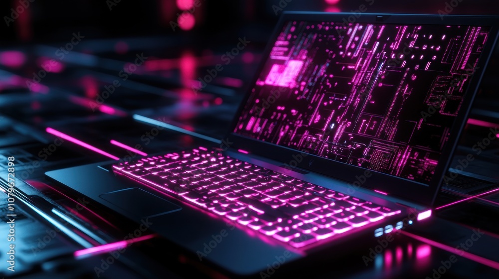 Futuristic Laptop with Pink Neon Lights Futuristic Laptop with Pink Neon Lights
