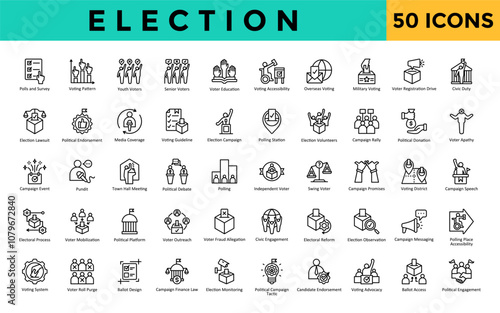 Election icons set with polls and survey, voting pattern, youth voters, senior voters, voter education, voting accessibility, overseas voting, military voting  icon. Simple line vector 