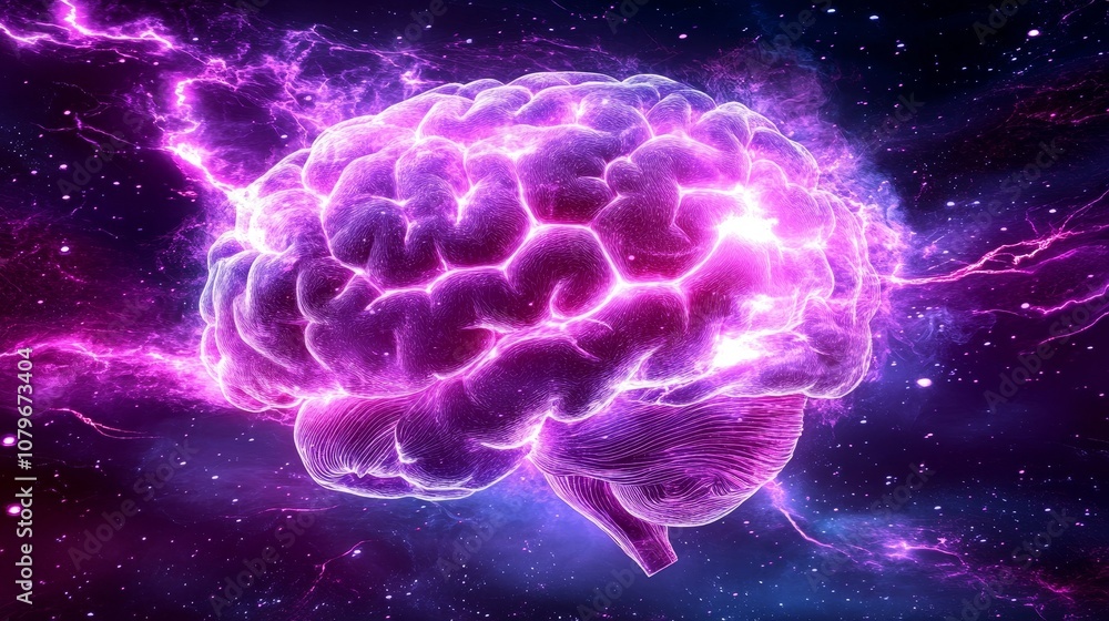 A stylized brain illustration depicting hot white electric current pulses and purple and pink radiance, symbolizing neural activity, creativity, and advanced brain technology. A stylized brain illustration depicting hot white electric current pulses and purple and pink radiance, symbolizing neural activity, creativity, and advanced brain technology.