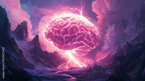 A stylized brain illustration depicting hot white electric current pulses and purple and pink radiance, symbolizing neural activity, creativity, and advanced brain technology. photo