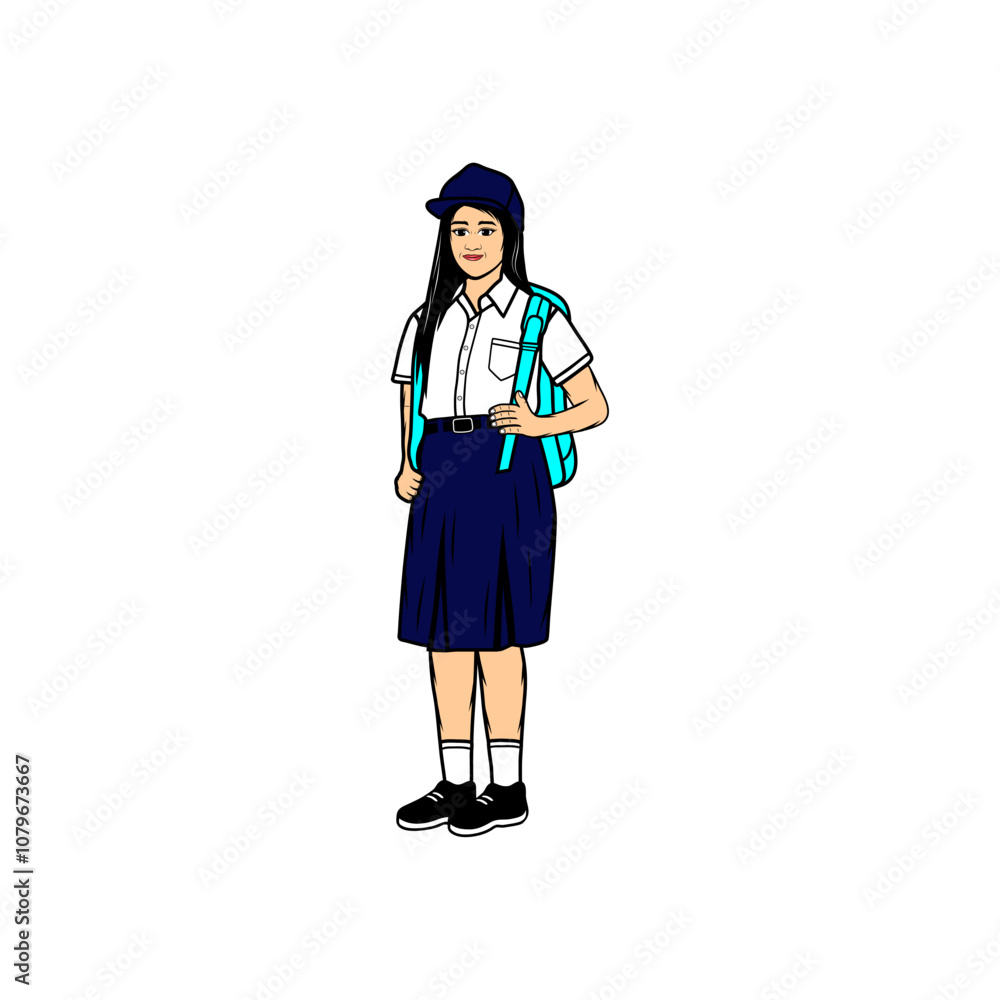 teenage school girl carrying white and blue uniform bag cartoon vector illustration teenage school girl carrying white and blue uniform bag cartoon vector illustration