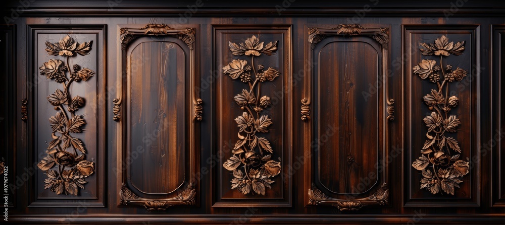 Fototapeta premium Classic Luxury Dark Wood Paneling Wall Background with Decorative Carving High Class Traditional Interior Highly Crafted Premium Quality