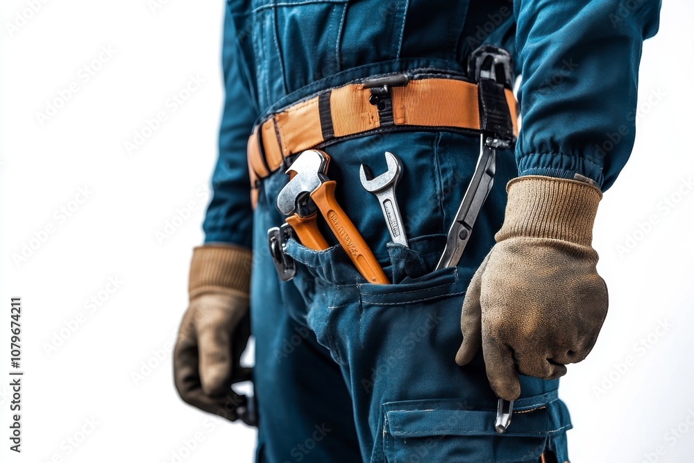 A closeup of a workers blue jumpsuit with a tool belt and tools sticking out of the pocket A closeup of a workers blue jumpsuit with a tool belt and tools sticking out of the pocket