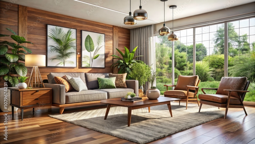 Fototapeta premium Mid-Century Modern Furniture Set in Warm Wood Tones - Elegant Living Room with Iconic Designs, Natural Textures, and Stylish Decor for Contemporary Homes
