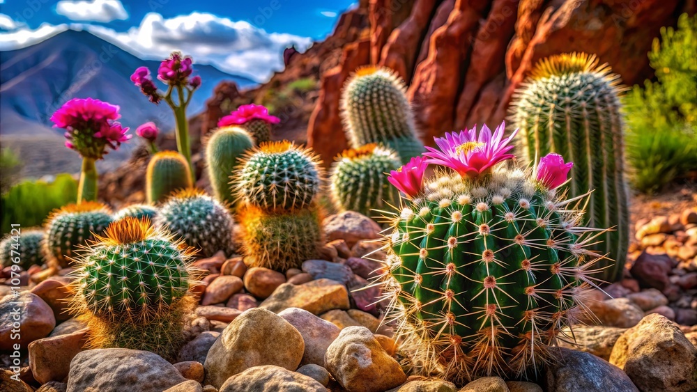 A vibrant display of cacti blooming with pink flowers amongst a bed of smooth rocks in a sun-drenched desert landscape A vibrant display of cacti blooming with pink flowers amongst a bed of smooth rocks in a sun-drenched desert landscape