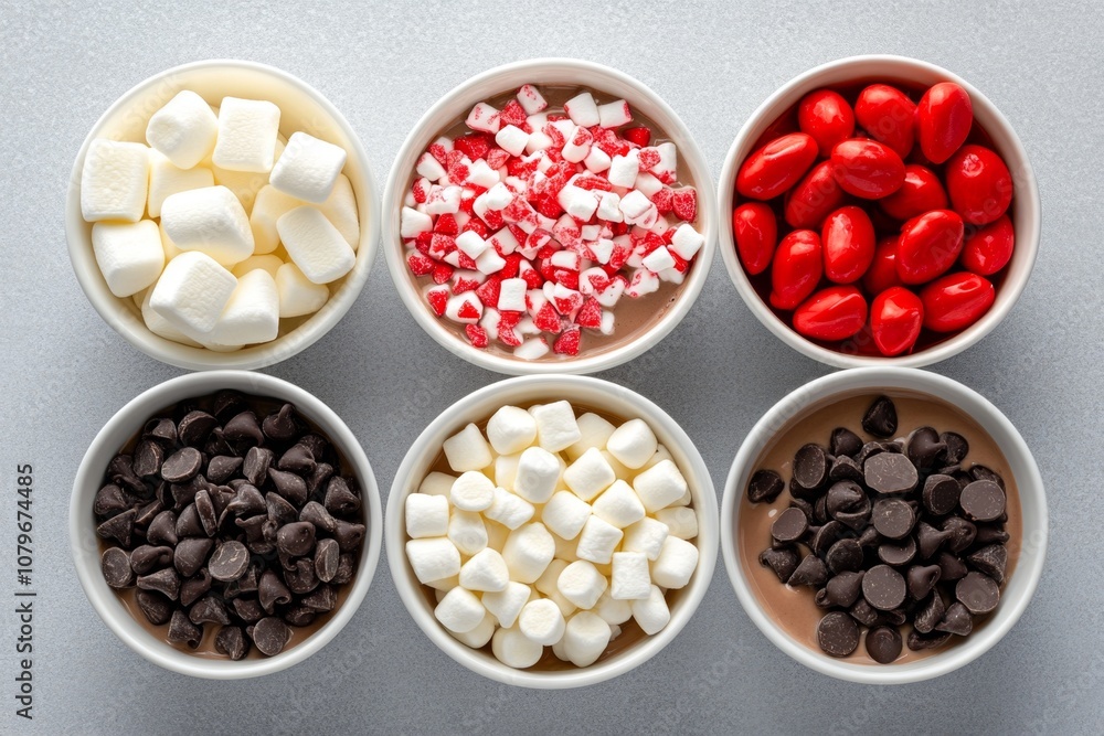 A top-down view of a hot chocolate tray with different toppings: marshmallows, crushed peppermint, and chocolate chips A top-down view of a hot chocolate tray with different toppings: marshmallows, crushed peppermint, and chocolate chips