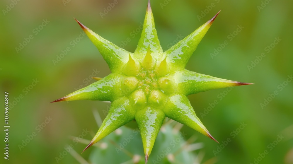 Close-up of a Unique Green Cactus with Star-Shaped Structure and Sharp Spikes Against a Soft-Focused Green Background Capturing the Beauty of Nature's Diversity Close-up of a Unique Green Cactus with Star-Shaped Structure and Sharp Spikes Against a Soft-Focused Green Background Capturing the Beauty of Nature's Diversity