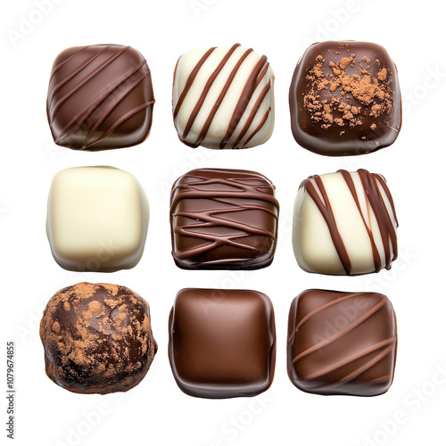 Delicious assorted chocolate squares arranged neatly. transparent background