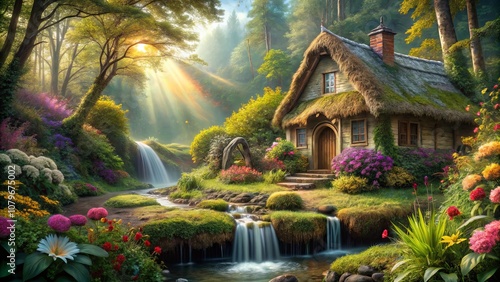 A rustic cottage nestled amidst a lush forest with cascading waterfalls and vibrant wildflowers in bloom, bathed in the warm glow of a setting sun.