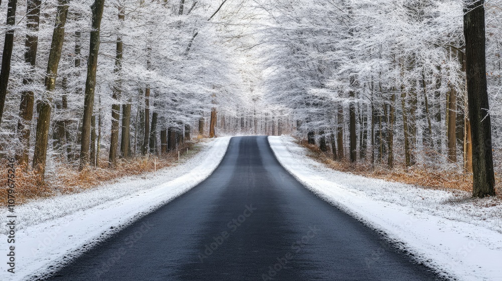 Serene Winter Road Surrounded by Snow-Covered Trees in a Peaceful Forest Landscape on a Calm Day, Ideal for Nature and Travel Themes Serene Winter Road Surrounded by Snow-Covered Trees in a Peaceful Forest Landscape on a Calm Day, Ideal for Nature and Travel Themes