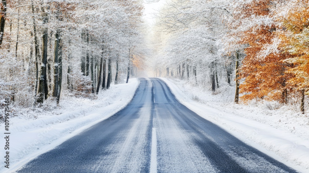 Fototapeta premium A Serene Winter Landscape Featuring a Snow-Covered Road Surrounded by Frosty Trees and Colorful Foliage Capturing the Beauty of the Season