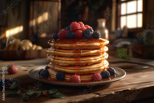 A stack of pancakes, golden brown, buttery, topped with mixed berries and maple syrup, warm morning light, in a rustic kitchen setting
