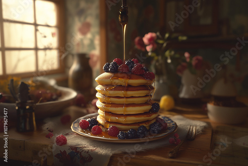 A stack of pancakes, golden brown, buttery, topped with mixed berries and maple syrup, warm morning light, in a rustic kitchen setting