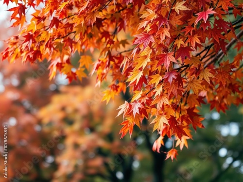 A close-up shot of colorful autumn foliage falling from a tree, beauty, forest