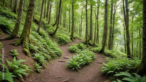 A scenic view of a narrow trail winding through a lush green forest, foliage, trekking