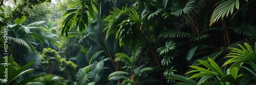 Thick, lush jungle foliage creating a dense canopy in a tropical rainforest, vibrant, rainforest