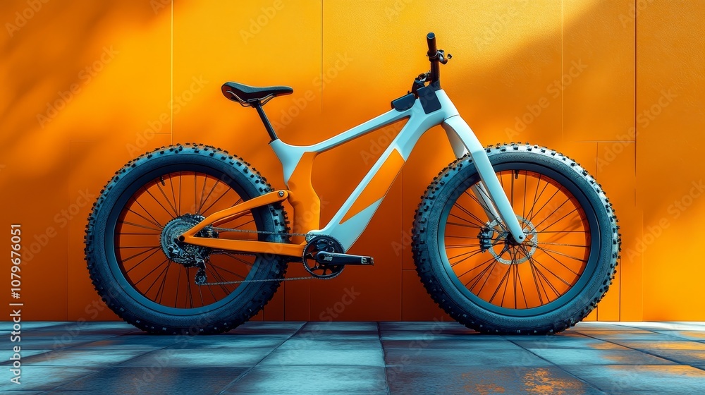 Obraz premium A bicycle stands in front of an orange background wall, showcasing dynamism and contrast, highlighting the unique angle and design of the bicycle, and showcasing the urban art style.