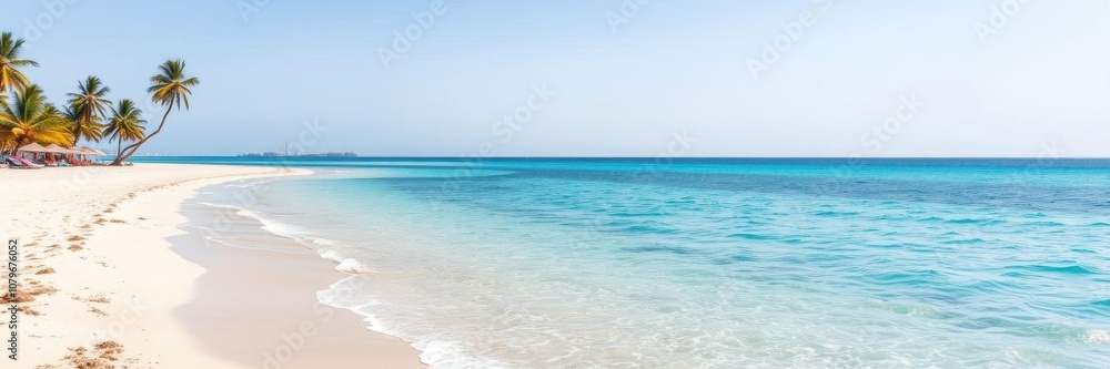 Sandy beach with clear blue water and palm trees under a clear sky, ocean, relaxation Sandy beach with clear blue water and palm trees under a clear sky, ocean, relaxation